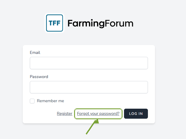 The Farming Forum login screen, with the Forgot your password link highlighted