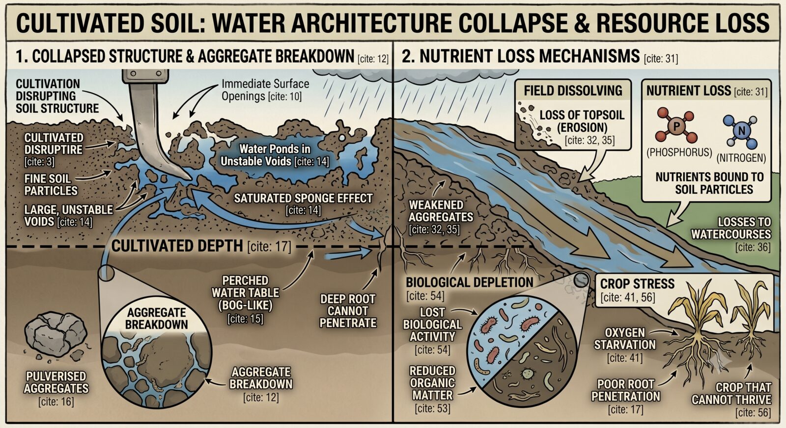 Cultivated soil: water architecture collapse and resource loss