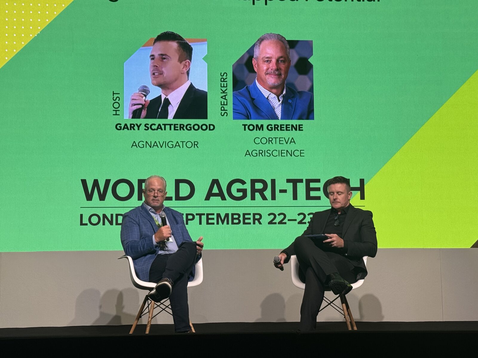 Gary Scattergood of AgNavigator and Corteva's Tom Greene on the main stage at World Agri-Tech London