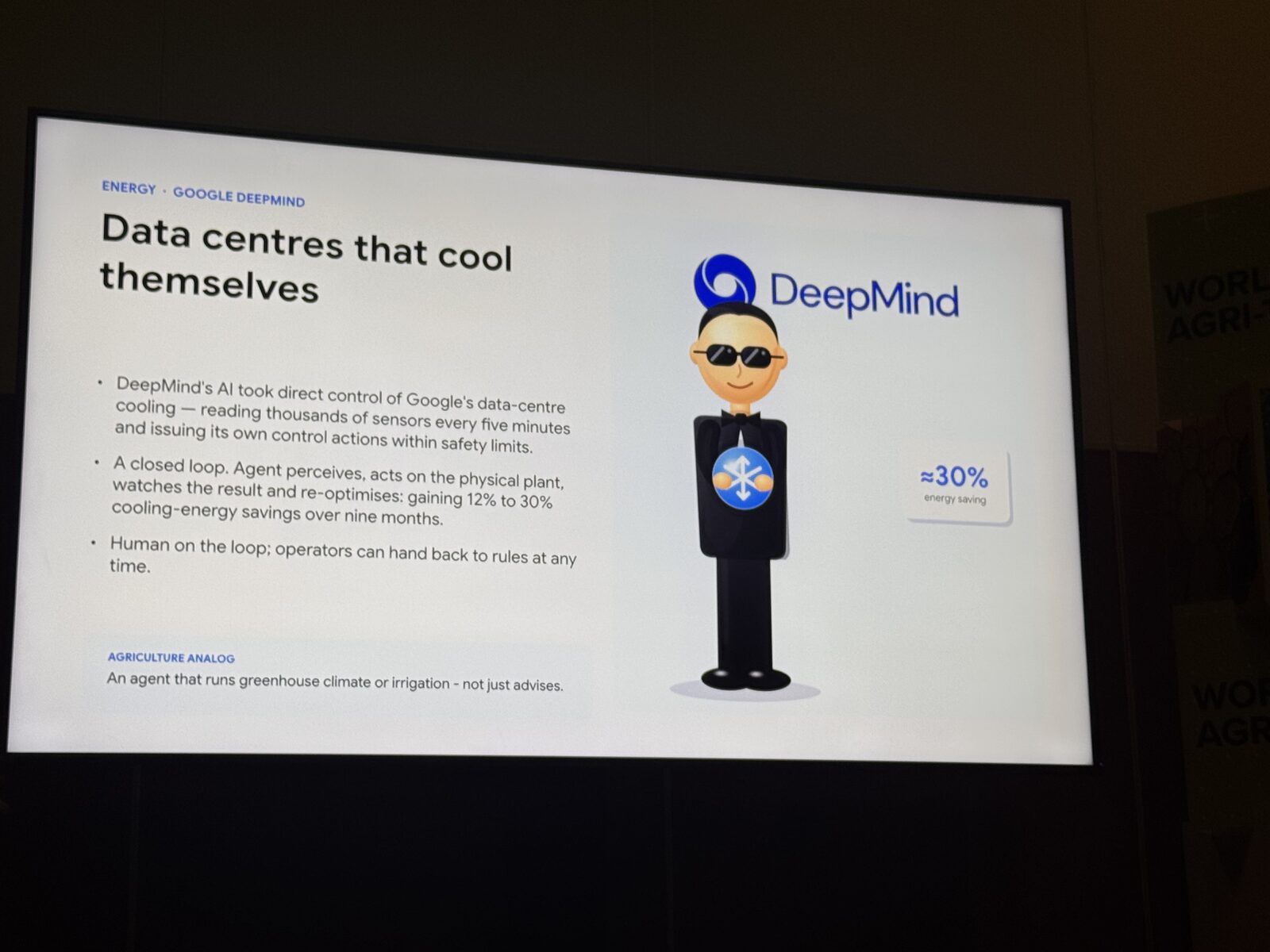 Grant's slide on Google DeepMind agents cooling data centres