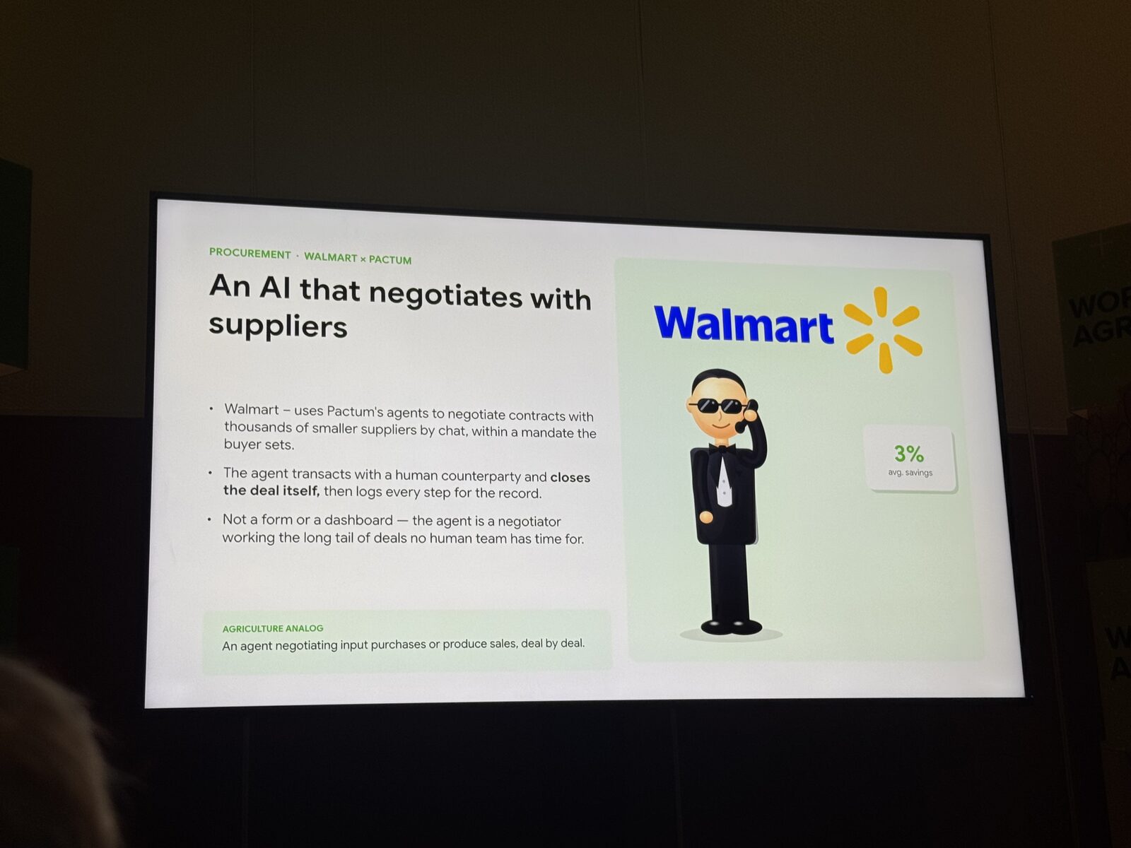 Grant's slide on Walmart's AI agents negotiating with suppliers