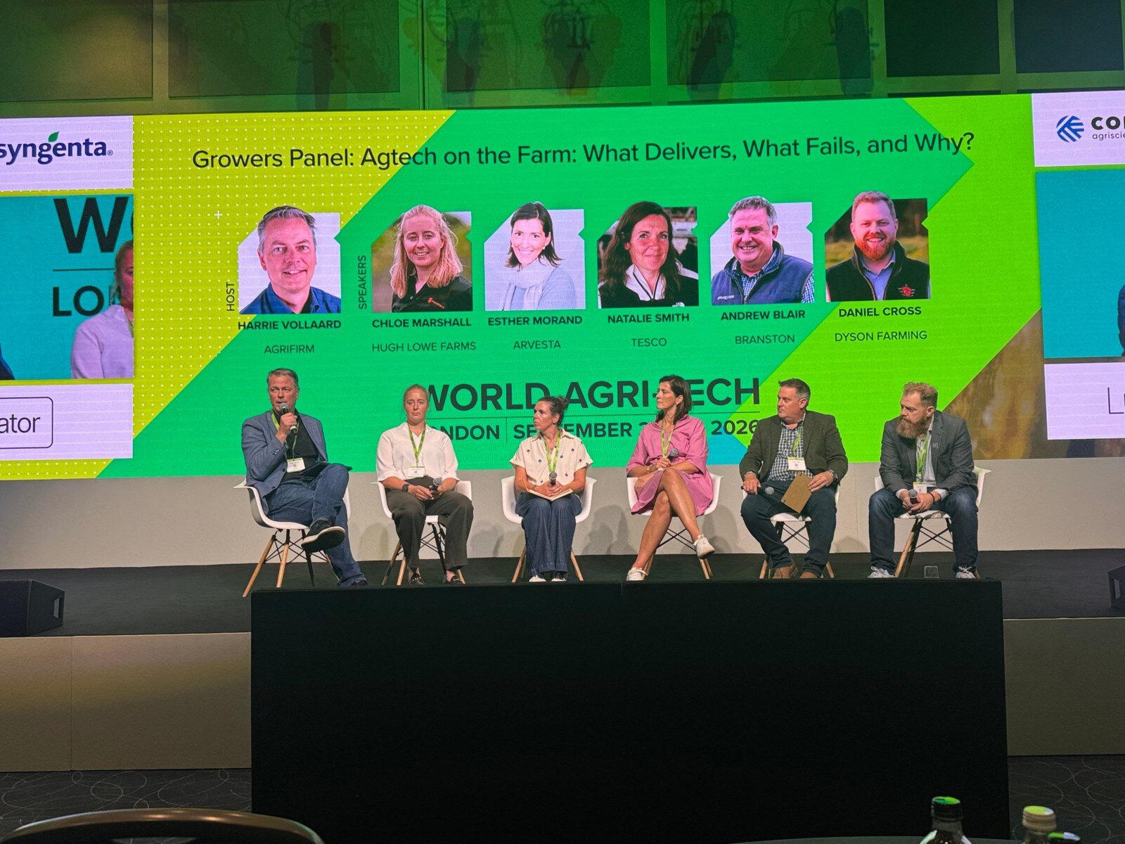 The growers' panel at World Agri-Tech London (left to right): Harrie Vollaard, Chloe Marshall, Natalie Smith, Esther Monard, Andy Blair and Dan Cross